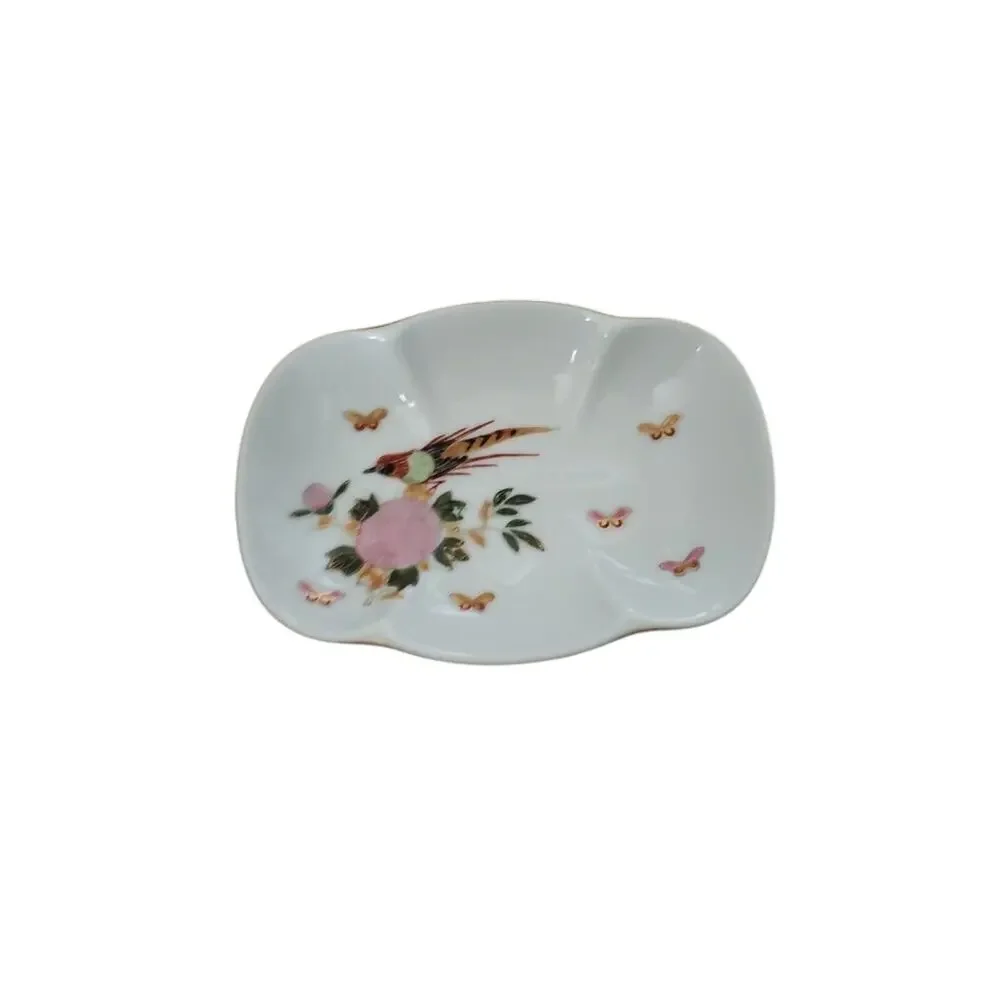 Vintage Trinket Dish Japan Made Bird Flowers Butterflies White & Gold Highlights